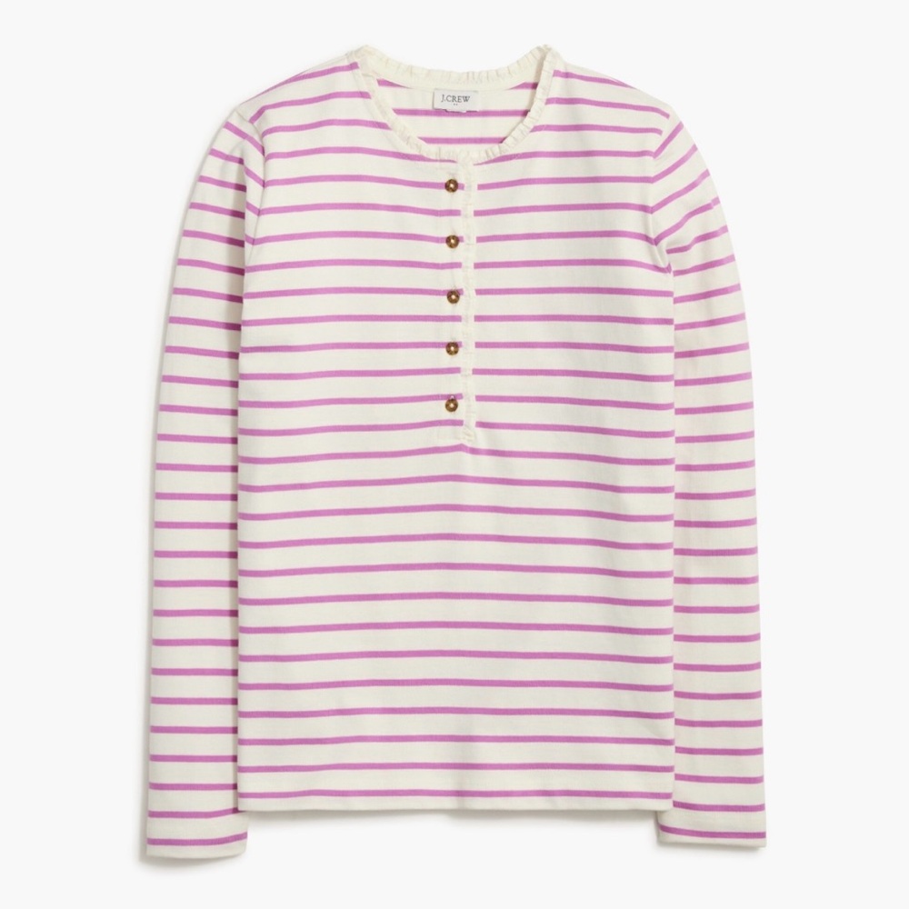 J. Crew Striped Ruffle Collar Henley - Pink and White Stripes